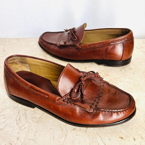 Johnston Murphy Mens Shoes 11 Brown Leather Loafers Double Kiltie Braided Bow - Picture 1 of 7
